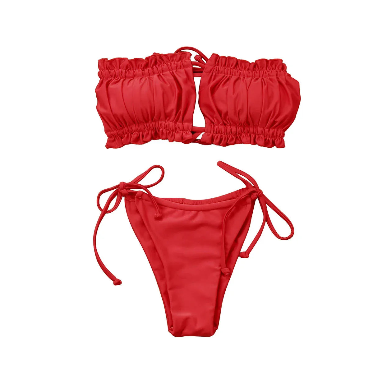 Push Up Padded Women Swimwear Bathing Suit Hirigin Sexy Straples Ruffles Bandage Women Bikini Set Pure Color Summer wear Red