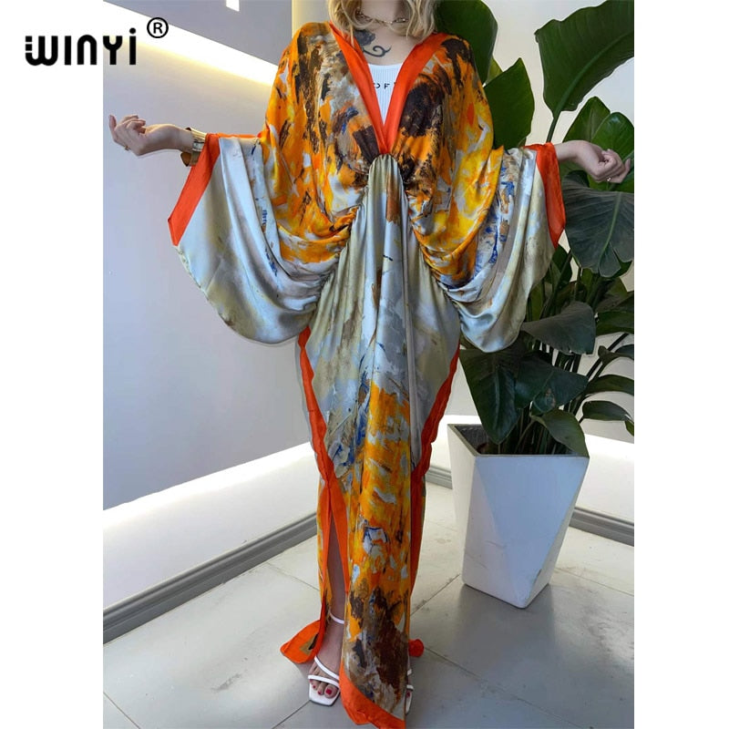 Sexy bech high-quality hand-rolled feel silk rayon fashion print 2024 WINYI Maxi Women's robes long beach V-neck Bohemian dress