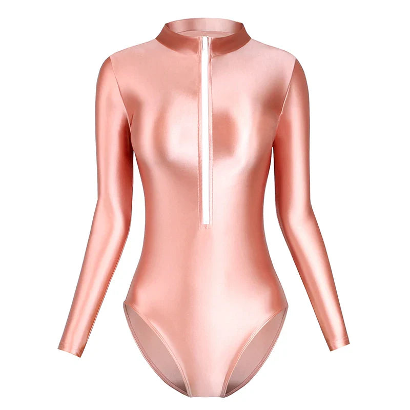 Satin Shiny Japanese Women's Sexy Body Suits Front Zipper Long Sleeve Tight Glossy Silky High Cut One Piece Swimsuit Plus Size Pink