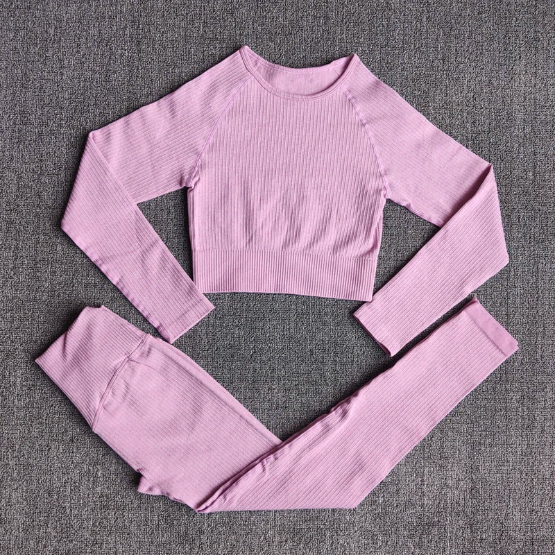 Women's Sportswear Yoga Set Workout Clothes Athletic Wear Sports Gym Legging Seamless Fitness Bra Crop Top Long Sleeve Yoga Suit ShirtsPantsPurple