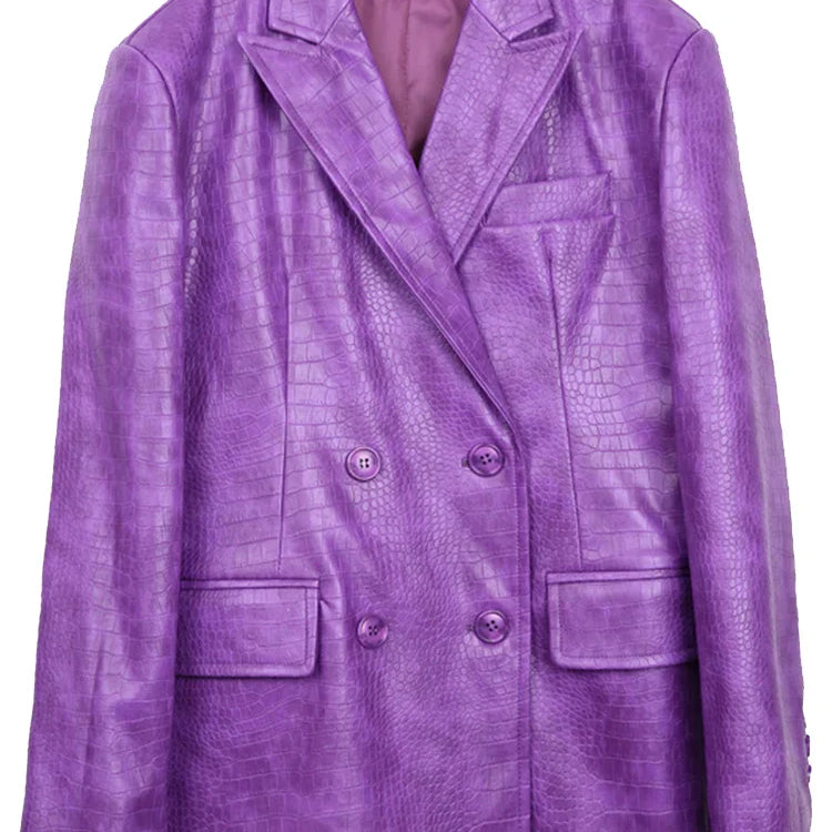 Autumn Oversized Shiny Purple Crocodile Pattern Faux Leather Blazer Women Long Sleeve Double Breasted Y2K Jacket Fashion