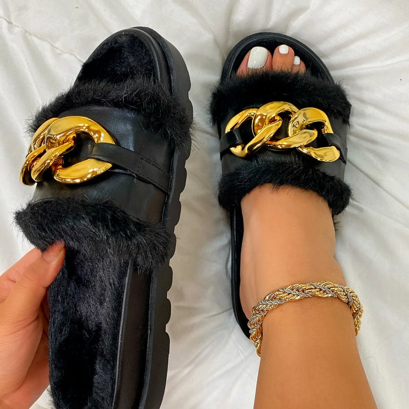 Winter Plush Slippers Fashion Open Toe Solid Color Women's Sandals Metal Chain Outdoor Casual Women's Shoes Fashion Shoes