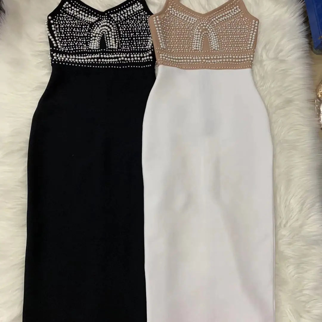 Top Quality High Street White Black Sexy Off Shoulder Sleeveless Beading Shining Knee Length Bandage Dress 2021 Celebrity Party