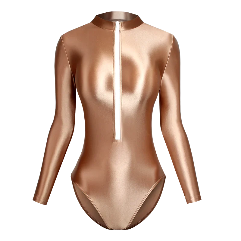 Satin Shiny Japanese Women's Sexy Body Suits Front Zipper Long Sleeve Tight Glossy Silky High Cut One Piece Swimsuit Plus Size Gold Coffee
