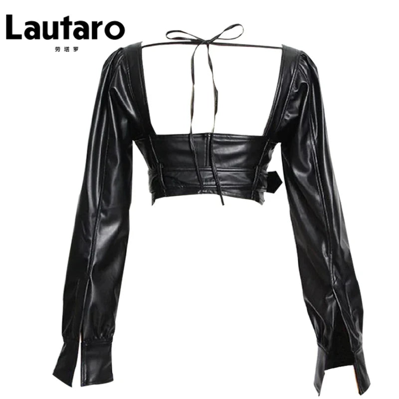 Y2k Black Faux Leather Crop Top Women Square Neck Long Sleeve Zipper Cropped Jacket 2021 Sexy Backless Fashion 5xl 6xl