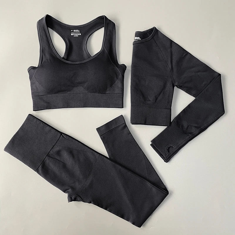 2/3/4PCS Seamless Women Yoga Set Workout Sportswear Gym Clothes Fitness Long Sleeve Crop Top High Waist Leggings Sports Suit 3Pcs Set Black