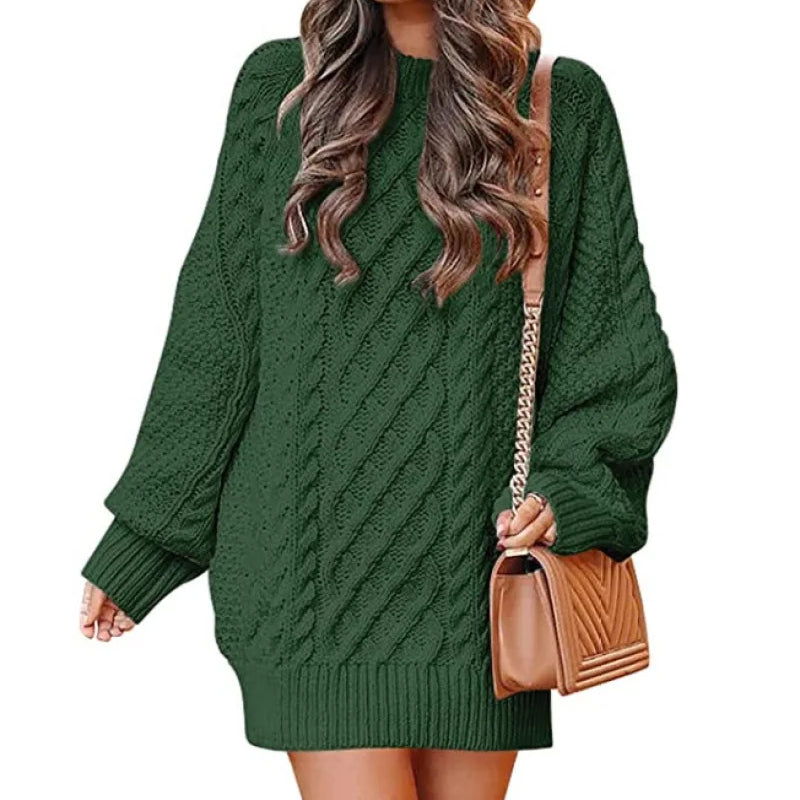 13 Colors Women Crewneck Long Sleeve Oversized Tops Cable Knit Chunky Pullove Thick Autumn and Winter Sweater Dresses Green