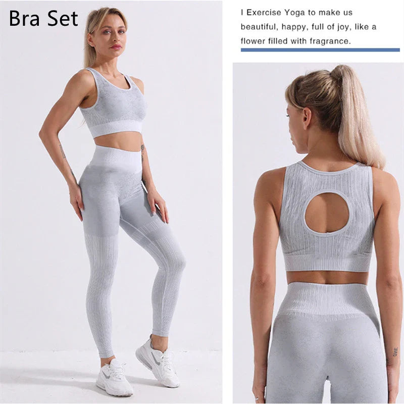 Rid Seamless Yoga Set Women 2pcs Two Piece Long Sleeve Crop Top T-Shirt Leggings Outfit Clothes Gym Wear Fitness Suit Sport Sets Gray Bra Set