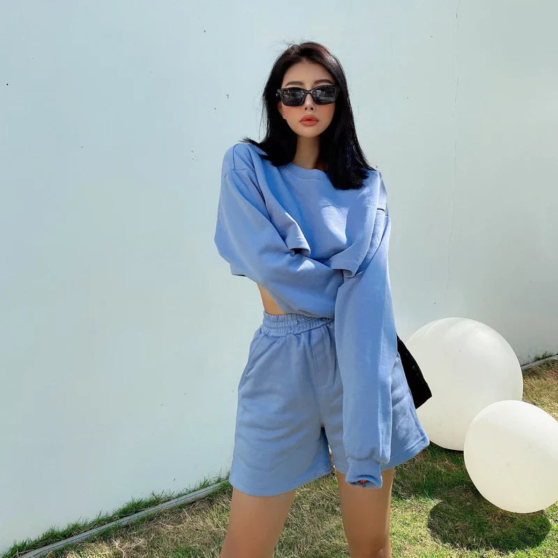 Womens Casual Tracksuits 2 Piece Set Spring Crop Sweatshirt + Sporting Shorts Sweat Set Ladies Two Piece Outfit Solid Color Suit blue 2 piece set