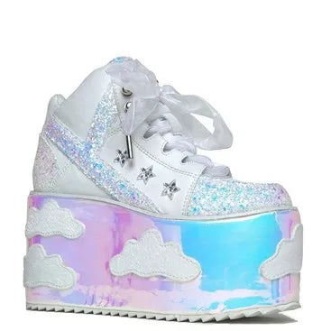 Colorful clouds Platform Shoes For Woman Punk Style Lace-up High Heel Wedges Shoes Sweet Women Ankle Boots For Mujer Shoes 2025 white