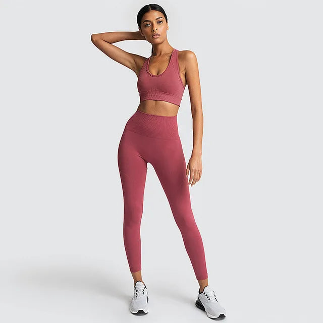 2pcs seamless hyperflex workout sport outfits for women sportswear athletic clothes gym Long Sleeve Crop Top High Waist Leggings red set