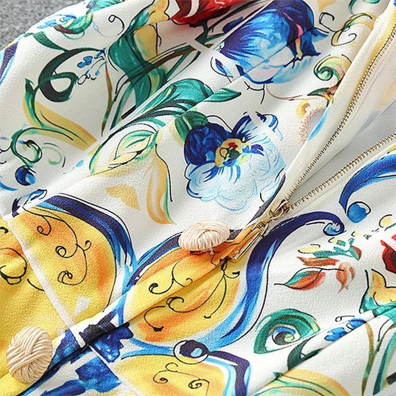 Luxury Designer Fashion Women's Midi Dress WIth Multicolor Floral Print Summer Clothing for Holiday Party Vacation 2024