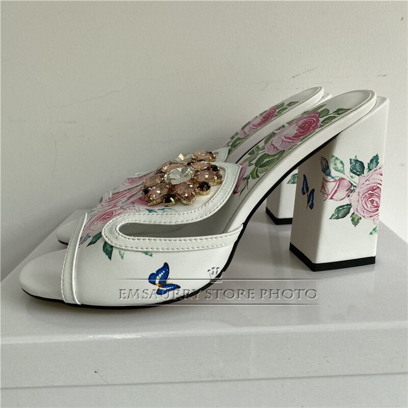 Print Butterfly-Flower Real Leather Sandals Women 10cm Square High Heel Open Toe Slingbacks Rhinestone Runway Mules