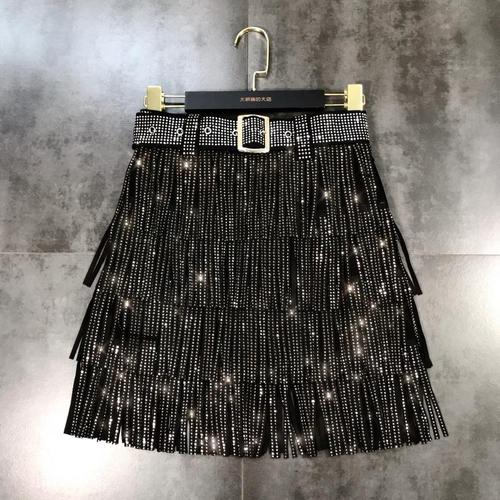 Women Skirt Fashion New Autumn High Waist Belt Multi Layer Short Heavy Drilling Rhinestones Fringed Skirt with Cake A Line black skirt