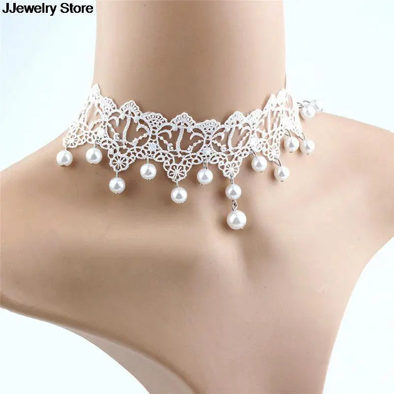 Fashion Elegant Vintage Imitation Pearl White Lace Statement Choker Necklaces Bridal Jewelry For Women Wedding Silver