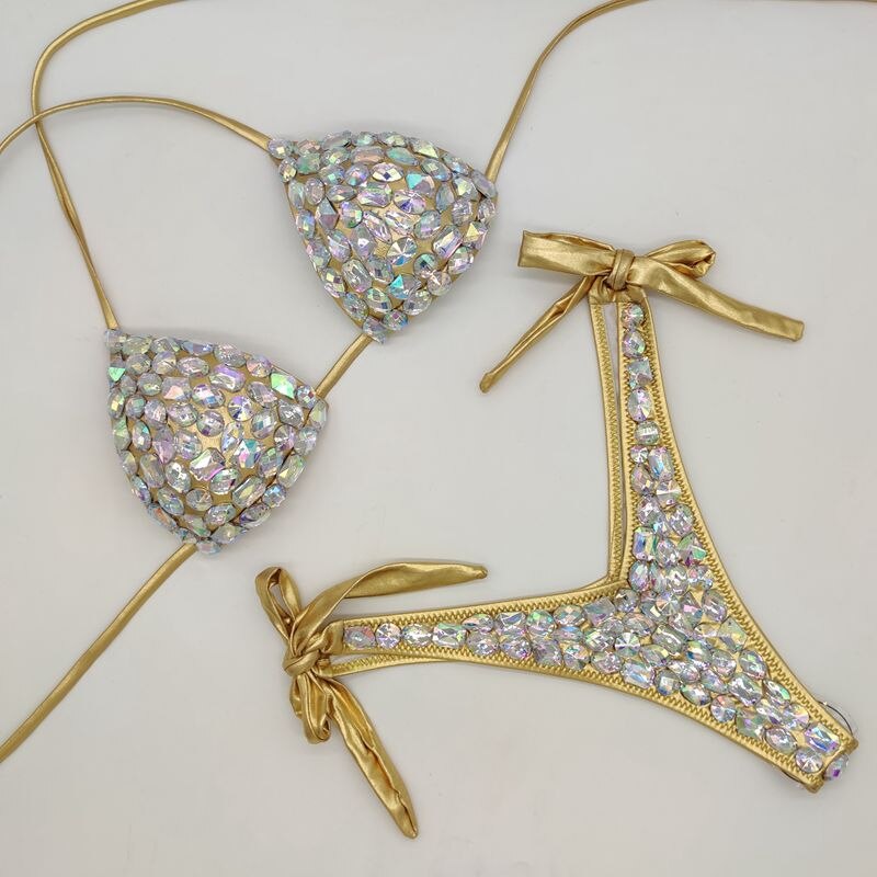 Rhinestone Triangle Bikini Sexy Push Up Women's Swimwear Crystal Diamond Halter Bandage Thong Biquine Swimsuit
