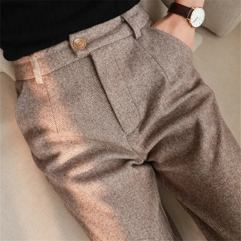 Woolen Pants Women's Harem Pencil Pants Autumn Winter High Waisted Casual Suit Pants Office Lady Women Trousers Khaki