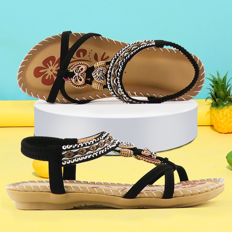 Sandals Women Summer Wedges Shoes Ladies Sandals Butterfly-knot Rhinestone Slides Sandalias Mujer Bohemia Elastic Band Sandal black
