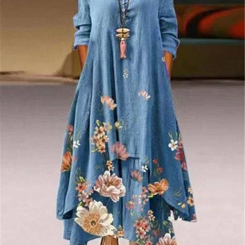 Summer Floral Print Long Sleeve Dresses Women O Neck Buttons Irregular Hem Maxi Dress Loose Plus Size Party Vestidos Long Dress Blue