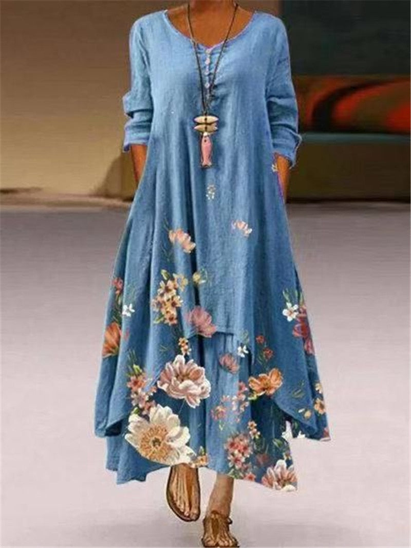 Summer Floral Print Long Sleeve Dresses Women O Neck Buttons Irregular Hem Maxi Dress Loose Plus Size Party Vestidos Long Dress Blue