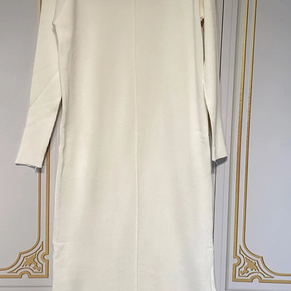 2024 Casual Midi Knit Dress Women's O-neck Long Sleeve Split Straight Dresses 2023 New Autumn Pure Color Knit Vestidos WHITE