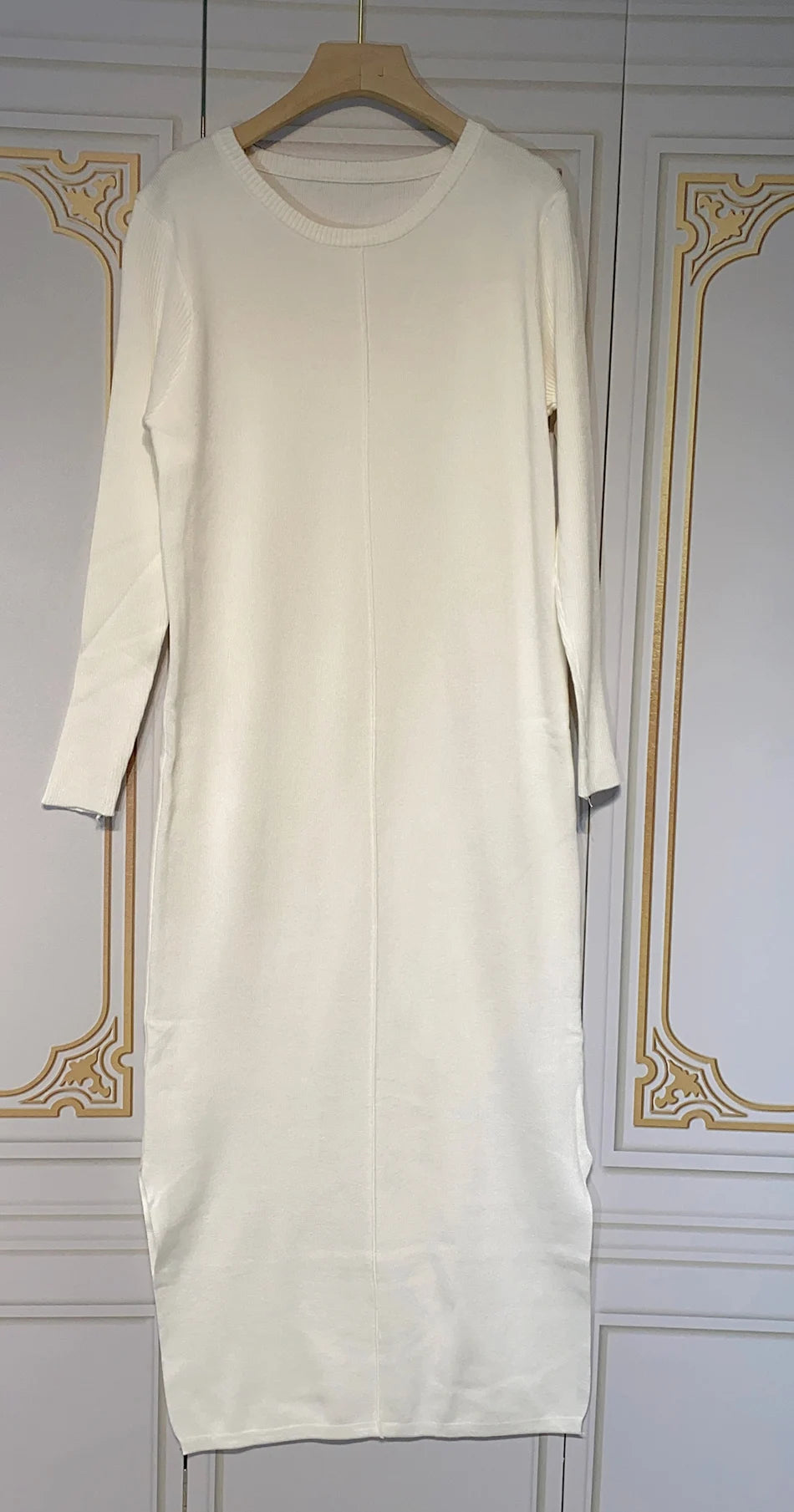 2024 Casual Midi Knit Dress Women's O-neck Long Sleeve Split Straight Dresses 2023 New Autumn Pure Color Knit Vestidos WHITE