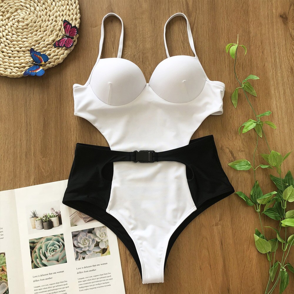 Sexy Push Up Swimwear - Retro One Piece Swimsuit Female High Waist Belt Monokini Hollowed Bathing Suit Swim