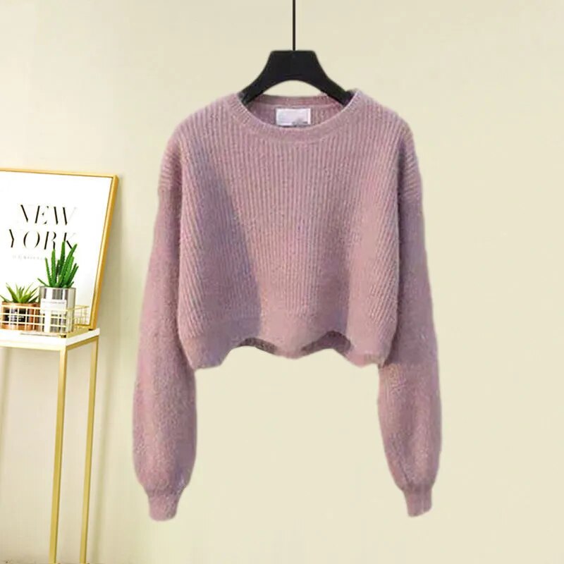 Women Autumn Winter Warm Knitted Two Pieces Sets Korean Long Sleeve Pullover Sweater Top And High Waist Skirts Sets