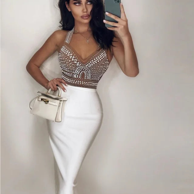 Khaki Black Mantual Beading Rayon Bandage Dress Elegant Cocktail Party Dress Vestidos