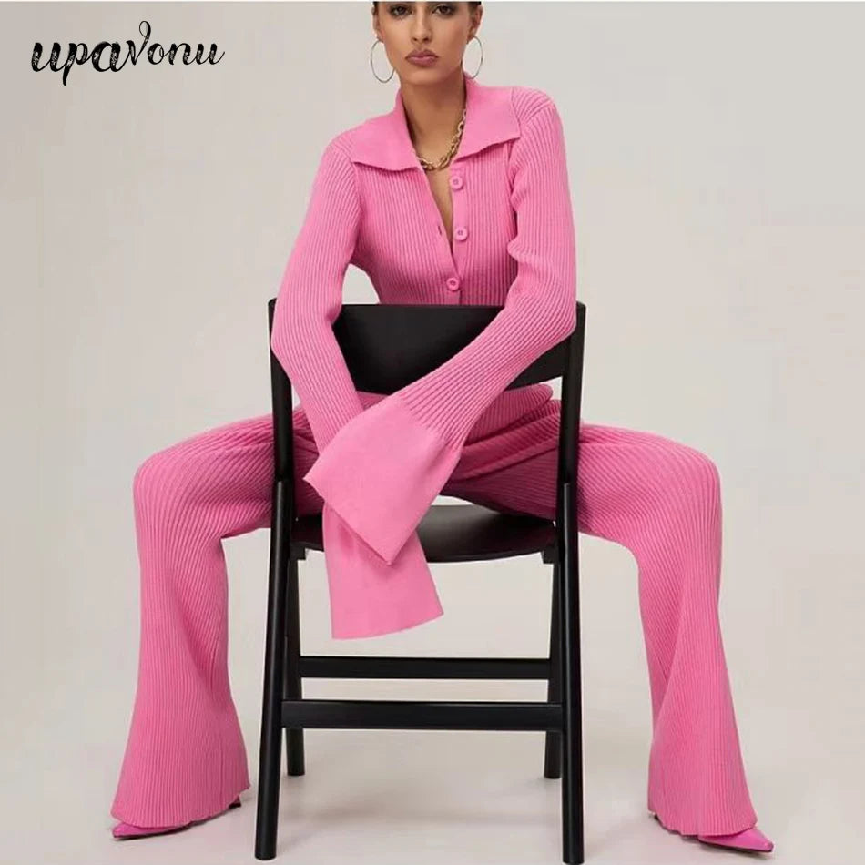 2024 Fashion Slim Knit Pants Set Lapel Flare Long Sleeve Single Breasted Cardigan Sweater & Trousers Two-Piece Set