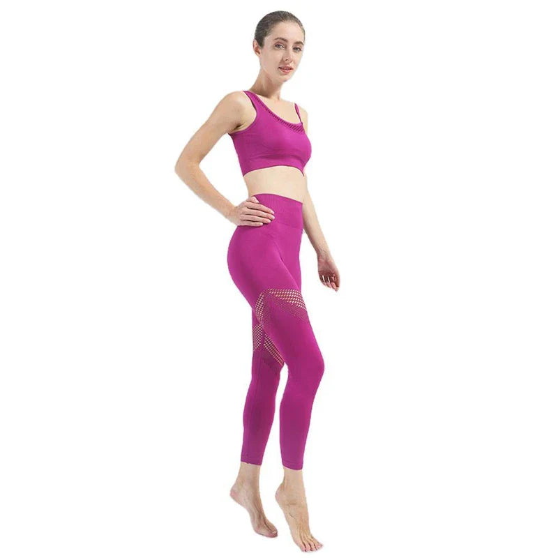 Seamless Yoga Set Sport Outfits Women 2pcs Two Piece Hollow Long Sleeve Crop top Leggings Workout Wear Gym Suit Fitness Sets Purple Bra Set
