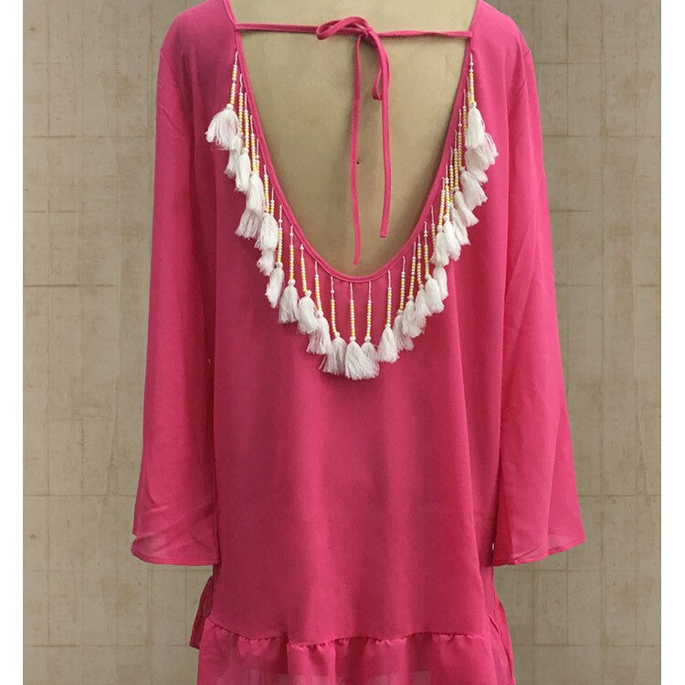 Sexy Backless Tassel Bikini Cover Up Chiffon Summer Beach Dress Swimwear A One Size