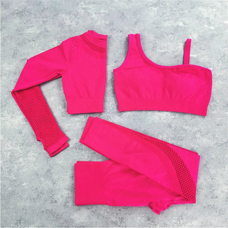 Seamless Yoga Set Sport Outfits Women 2pcs Two Piece Hollow Long Sleeve Crop top Leggings Workout Wear Gym Suit Fitness Sets 3pcs Pink Set
