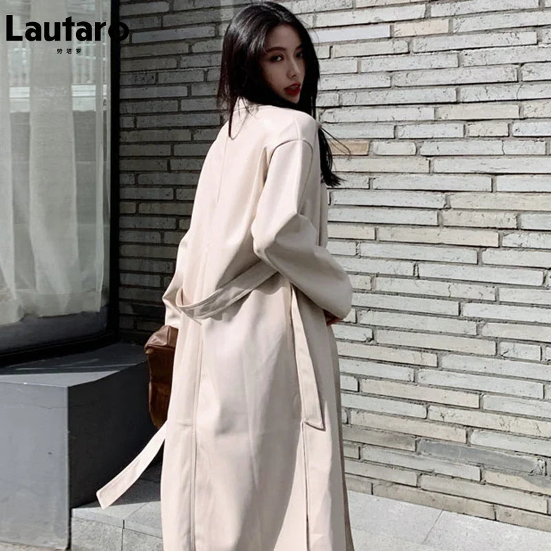 Autumn Long Black Cool PU Leather Trench Coat for Women Belt Single Breasted Loose Korean Fashion Wholesale Clothes 2022