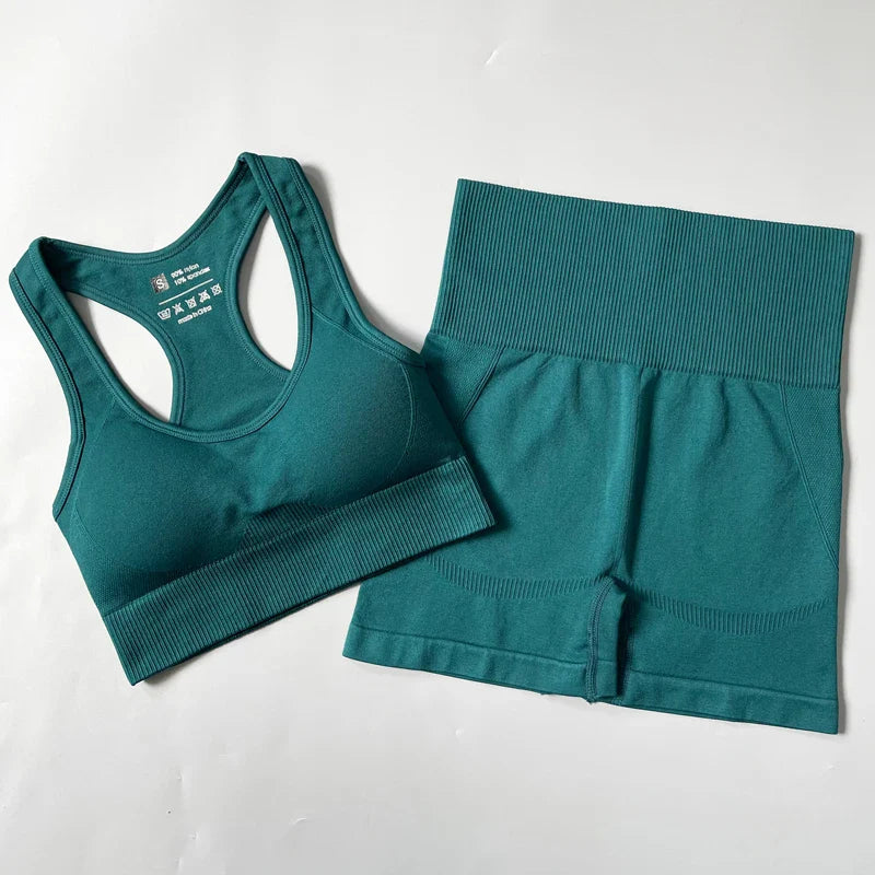 2/3/4PCS Seamless Women Yoga Set Workout Sportswear Gym Clothes Fitness Long Sleeve Crop Top High Waist Leggings Sports Suit Bra shorts Green