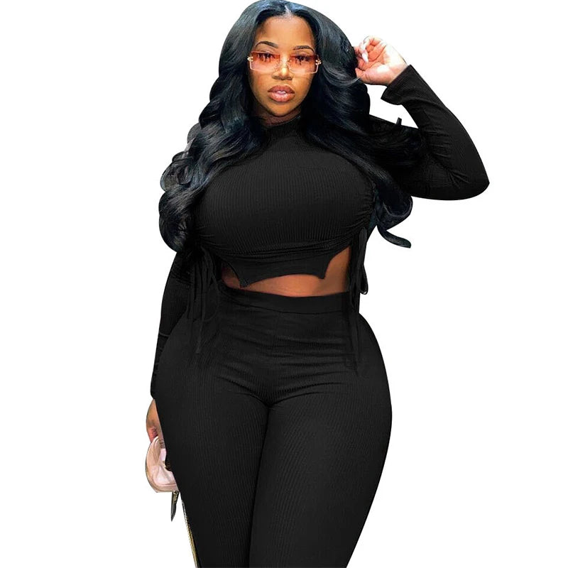 Sexy Plus Size Women Clothing Ribbed Long Sleeve Crop Top and Pants Sets Bodycon Ladies 2 Piece Outfits Wholesale Dropshipping black