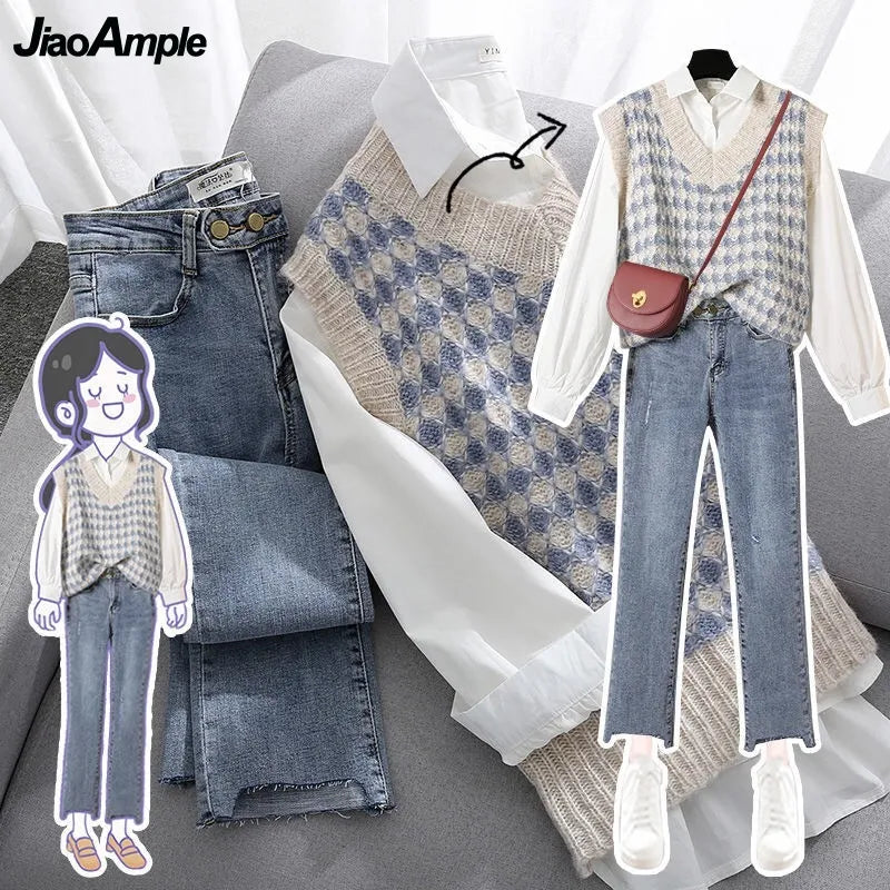 Women's Spring Autumn Fashion 3 Pezzi Outfit 2023 Student Korean Casual Shirts + Sweater Vest + Straight Jeans Set Lady Streetwear