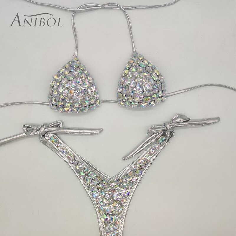 Rhinestone Triangle Bikini Sexy Push Up Women's Swimwear Crystal Diamond Halter Bandage Thong Biquine Swimsuit Silver