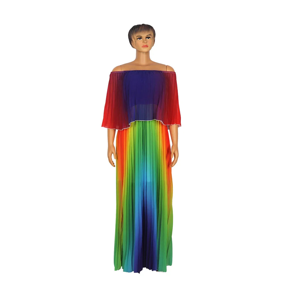 African Woman Dress Press-pleating Decoration Polyester Material Loose Plus Size Off Shoulder Rainbow Color Fashion Long Dress Rainbow One Size