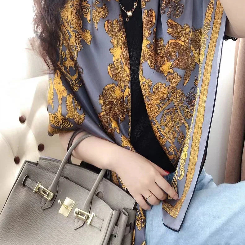 Coffee Gold 100% Mulberry Silk Women's Scarf Bandana Fashion Plaisley Style Square Scarves Hijabs Winter Brand Headscarf Foulard grey gold