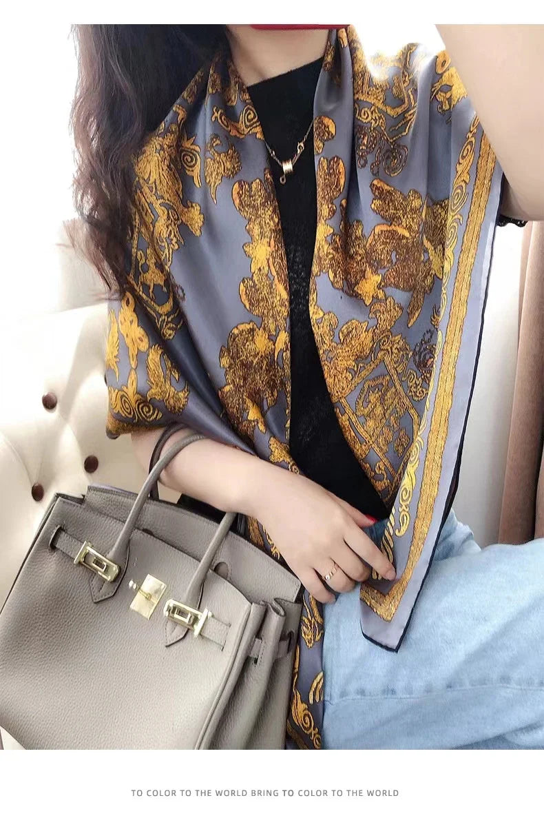 Coffee Gold 100% Mulberry Silk Women's Scarf Bandana Fashion Plaisley Style Square Scarves Hijabs Winter Brand Headscarf Foulard grey gold