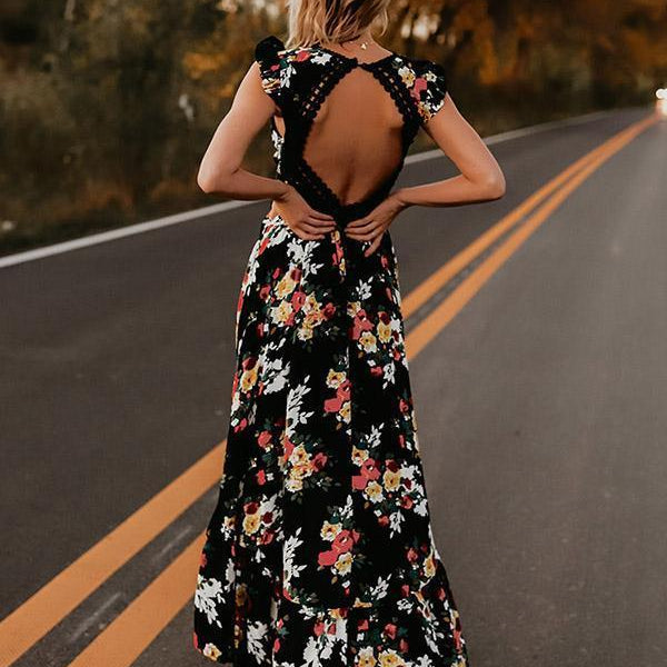 Summer Floral Boho Women Elegant Vintage Long Maxi Dress Sexy Backless Party Beach Dress Sundress