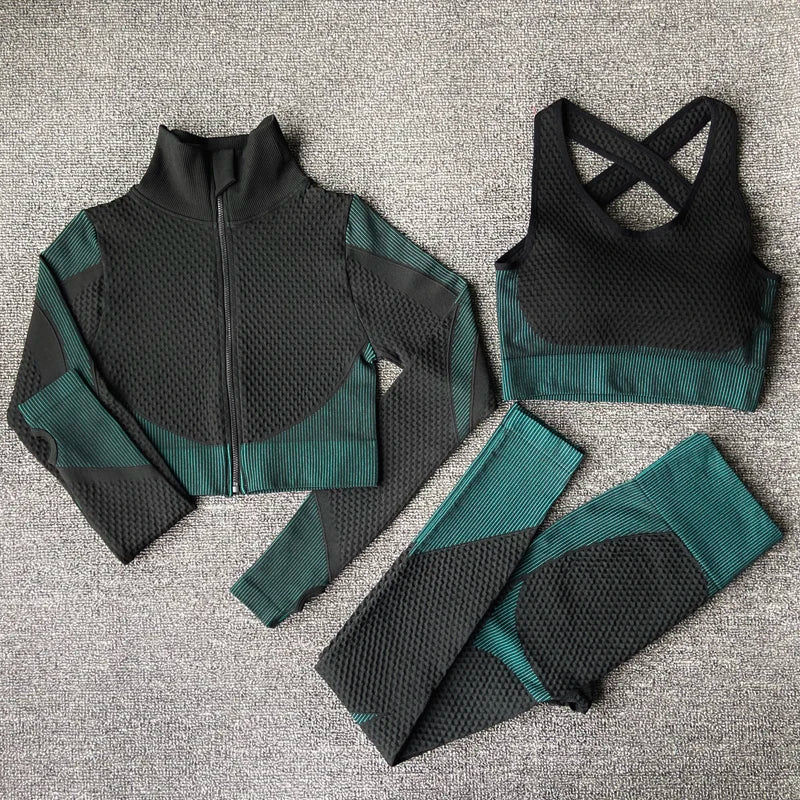 Seamless Women Yoga Sets Female Sport Gym Suits Wear Running Clothes Women Fitness Sport Yoga Suit Long Sleeve Yoga Clothing 3PcsSetDarkgreen