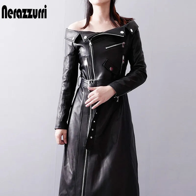 Spring autumn maxi dresses for women slash neck Red black pu leather dress women long sleeve runway Elegant dress