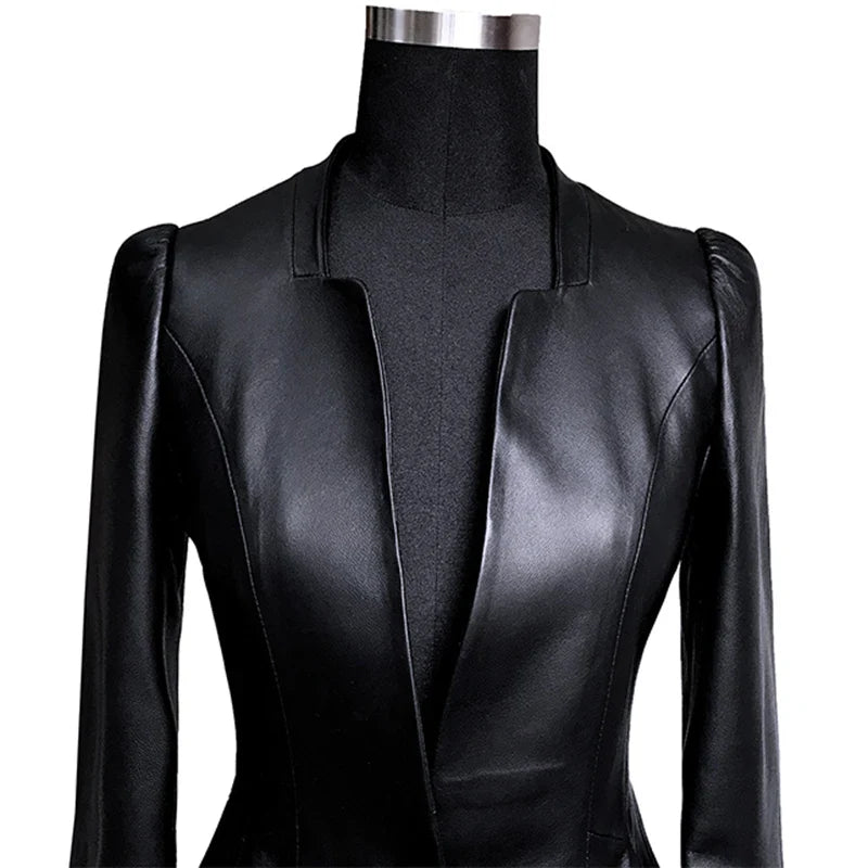 Autumn Black Slim Soft Pu Leather Jacket Women Deep V Neck Long Puff Sleeve Elegant Luxury Skirted Blazer Fashion 2021