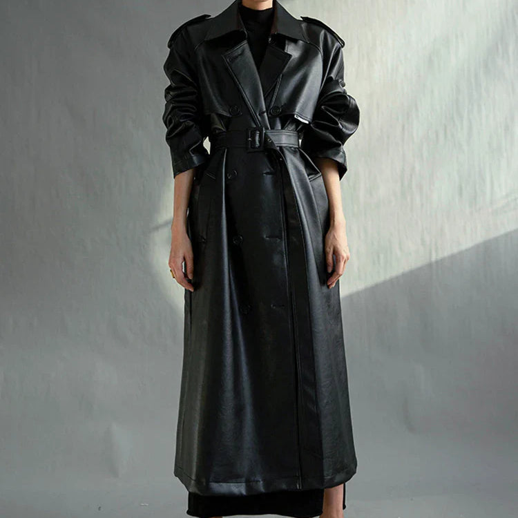 Autumn Extra Long Oversized Black Faux Leather Trench Coat for Women Long Sleeve Belt Double Breasted Loose Fashion 2021