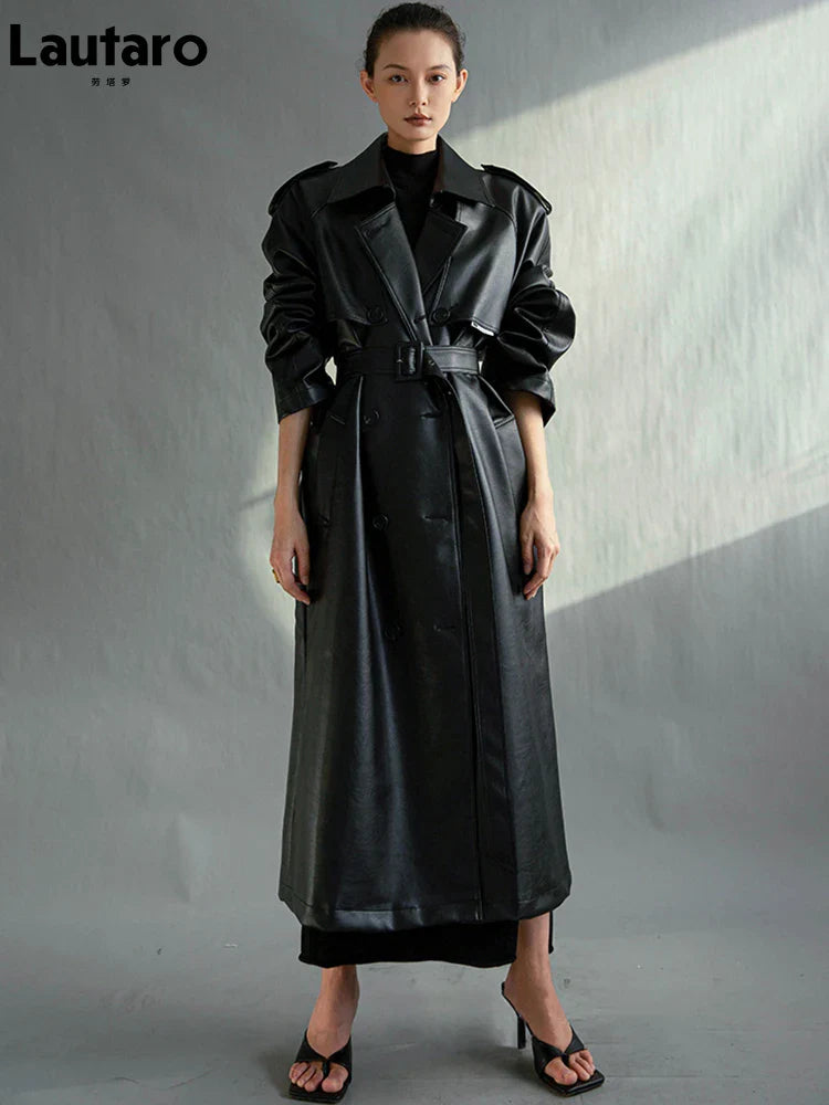 Autumn Extra Long Oversized Black Faux Leather Trench Coat for Women Long Sleeve Belt Double Breasted Loose Fashion 2021