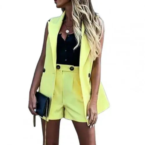 2pcs/Set Office Lady Outfits Solid Color Sleeveless Blazer Jacket Coat Wide Leg Shorts Pants Set Woman Summer Sexy Short Suits Yellow