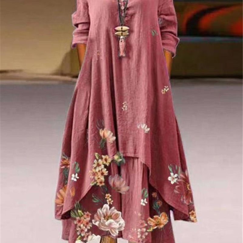 Summer Floral Print Long Sleeve Dresses Women O Neck Buttons Irregular Hem Maxi Dress Loose Plus Size Party Vestidos Long Dress Pink