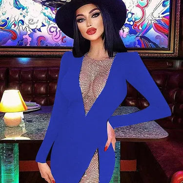 New Winter Women Black Beading Long Sleeve Rayon Bandage Sexy Hollow Out Mini Club Celebrity Runway Party Dress